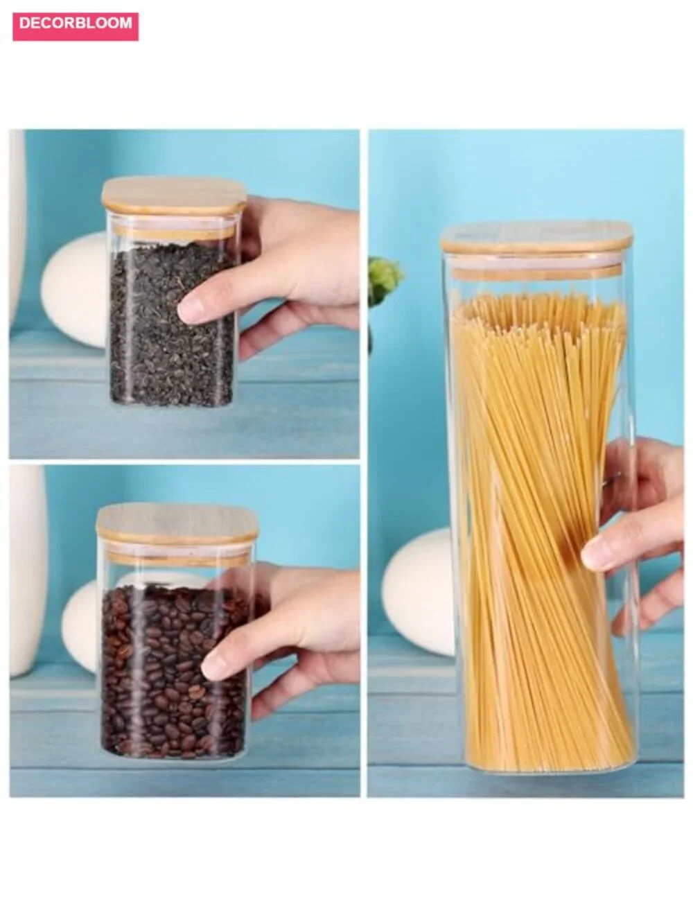 Glass Storage Canisters with Bamboo Lids, Set of 7, Airtight Food Jars for